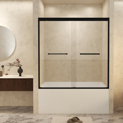 56-60" W × 60" H Tempered Glass with Explosion Proof Film, Aluminum Frame Double Sliding Shower Door, "1/4 (6 mm), Stainless Steel handle, Matte Black