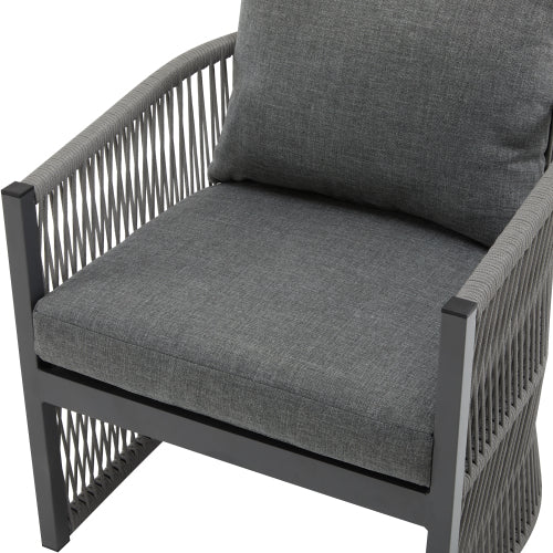 Modern Gray Curved Aluminum Lounge Chair with Stylish Rope-Weave Design and Cushioned Comfort, Perfect for Outdoor Living