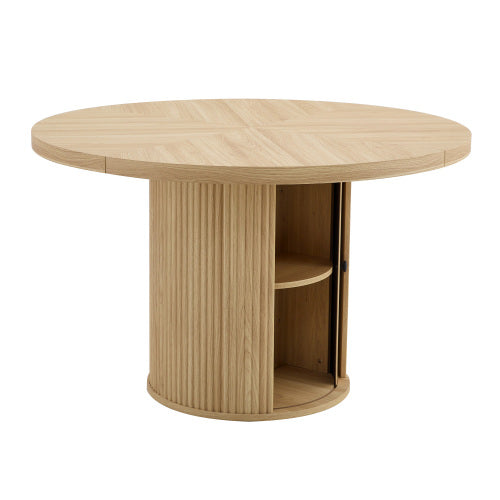 47.2 Inch Wood Grain Round Dining Table, Roman Column Pedestal Table with Double-Layer Storage for Home Dining Room