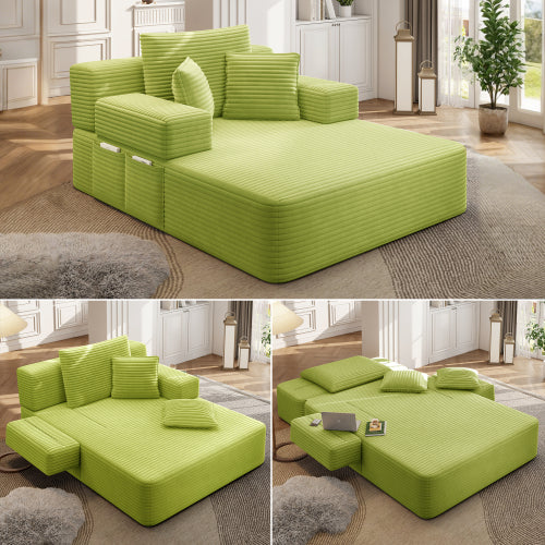 Green Oversized Plush Corduroy Chaise Lounge Convertible Sleeper Sofa-Bed w/Storage Pockets & 3 Pillows