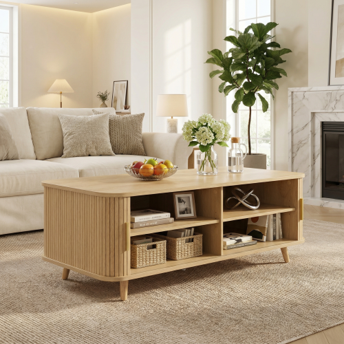 Mid-Century Natural Wood Coffee Table with Tambour Doors & 4 Open Storage Compartments
