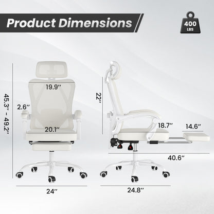 Ergonomic Office Chair with Footrest, Mesh Office Desk Chair with Headrest, High Back Computer Chair with Adjustable Lumbar Support for Home Office Study Room Bedroom, Beige