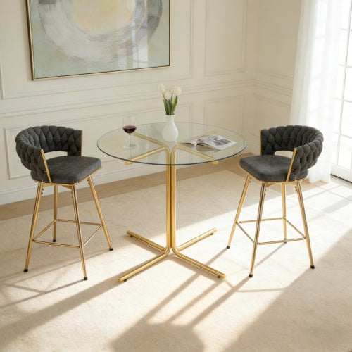 2-person glass bar table combination, 3-piece modern kitchen bar table set including 2 cotton and linen soft cushioned bar chairs, suitable for glass bar table combination in kitchen and dining rooms