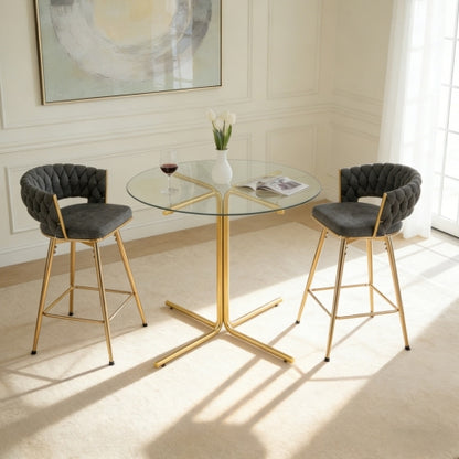 2-person glass bar table combination, 3-piece modern kitchen bar table set including 2 cotton and linen soft cushioned bar chairs, suitable for glass bar table combination in kitchen and dining rooms