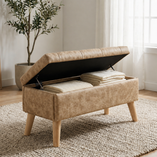 32 Inch Wide Square Storage Ottoman Bench with Built-in Tray, Upholstered Footrest, Multi-Functional End of Bed Bench