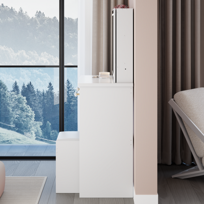 37inch  Middle Size Left Bedside Cabinet Vanity Table + Cushioned Stool, Extra Large Right sliding mirror, Multi Layer High Capacity Storage, Practical Fashionable Dresser, Suitable For Large Space