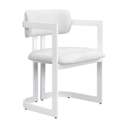 Set of 2 Beige Fabric Arm Dining Chairs, White Iron Metal Frame 265 LBS Weight Capacity