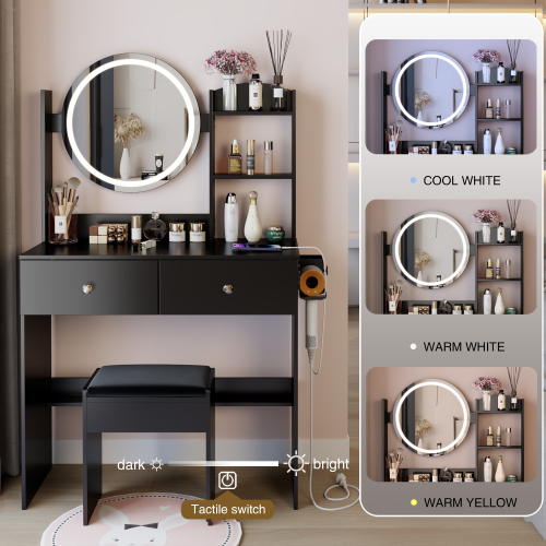 17inch  Round LED Mirror Vanity Table+Cushioned Stool, Equipped With 2 AC+2 USB Power Socket, Big Mirror, Touch Switch, 3 Colors, Adjustable Brightness, Large Desktop, Multi-layer High Capacity Storage