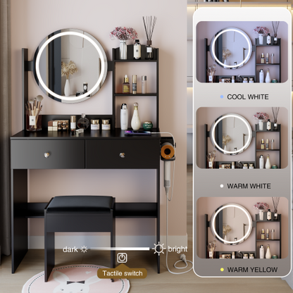 17inch  Round LED Mirror Vanity Table+Cushioned Stool, Equipped With 2 AC+2 USB Power Socket, Big Mirror, Touch Switch, 3 Colors, Adjustable Brightness, Large Desktop, Multi-layer High Capacity Storage