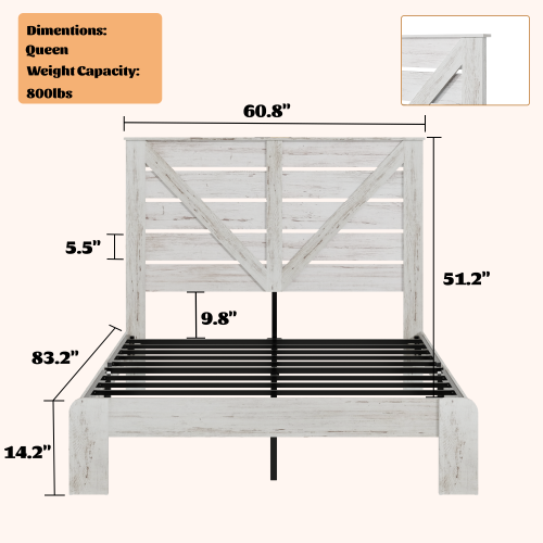 Queen Bed Frame Headboard , Wood Platform Bed Frame , Noise Free,No Box Spring Needed and Easy Assembly Tool,Large Under Bed Storage,White