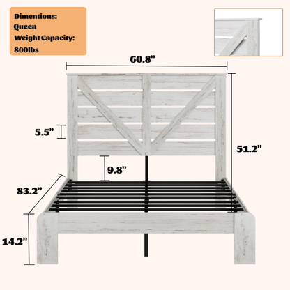 Queen Bed Frame Headboard , Wood Platform Bed Frame , Noise Free,No Box Spring Needed and Easy Assembly Tool,Large Under Bed Storage,White