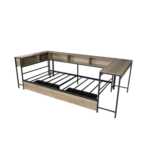 Corner Bed Frame Twin Size with Bookcase and 2 Underbed Storage Drawers, Modern Twin Bed with LED Light and Charging Station, Grey
