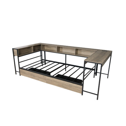 Corner Bed Frame Twin Size with Bookcase and 2 Underbed Storage Drawers, Modern Twin Bed with LED Light and Charging Station, Grey