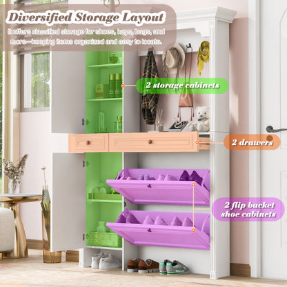 54.7 inch Hall Tree with Integrated Shoe Cabinet and Mirrored Cabinet Door, Coat Hanger, Entryway Bench, 4-in-1 Design, 2 Flip Drawers, 4 Hooks and 2 Cabinets for Entrance,Living Room