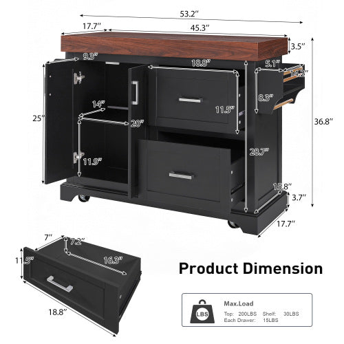 53 Inch Rolling Kitchen Island with Thick Top Drawers & Spice Rack Black