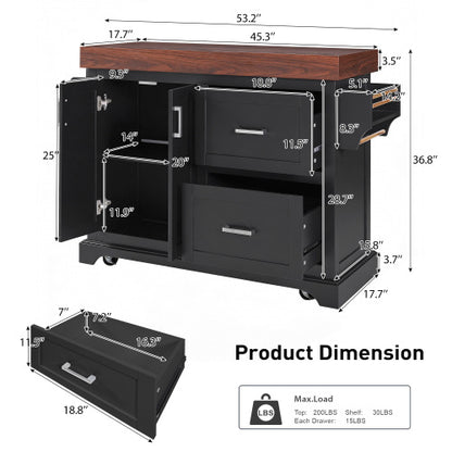 53 Inch Rolling Kitchen Island with Thick Top Drawers & Spice Rack Black