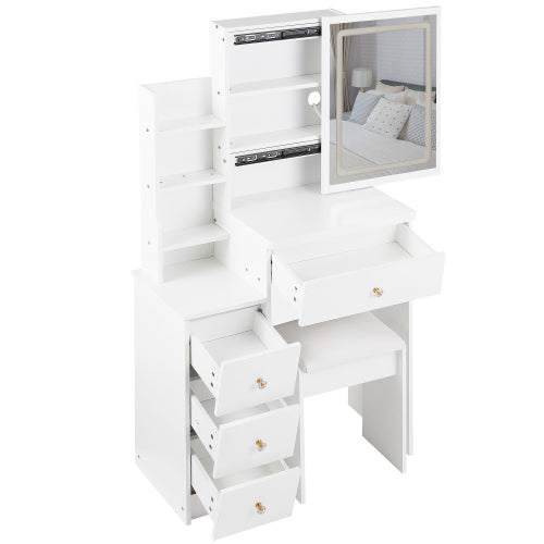 29.2inch  Small Size Left Bedside Cabinet LED Mirror Vanity Table + Cushioned Stool, Large Sliding, Touch Control, 3-color Switch, Brightness Adjust Mirror, High Capacity Storage, EPA, GCC, UL Certificate