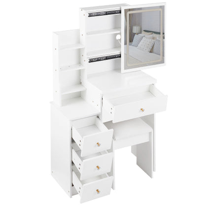 29.2inch  Small Size Left Bedside Cabinet LED Mirror Vanity Table + Cushioned Stool, Large Sliding, Touch Control, 3-color Switch, Brightness Adjust Mirror, High Capacity Storage, EPA, GCC, UL Certificate