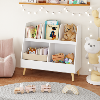 White 5-Cubby Kids Wooden Bookshelf with Pine Legs, MDF Toddler Storage Organizer with Anti-Tip Kit