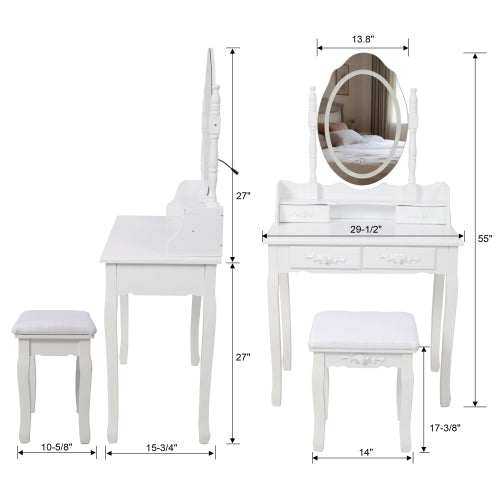 White Princess Vanity Desk Set with Mirror & Cushioned Stool,Light Modes,4-Drawer Wooden Makeup Vanity Table for Girls' Bedroom, Dressing Table with Ample Storage