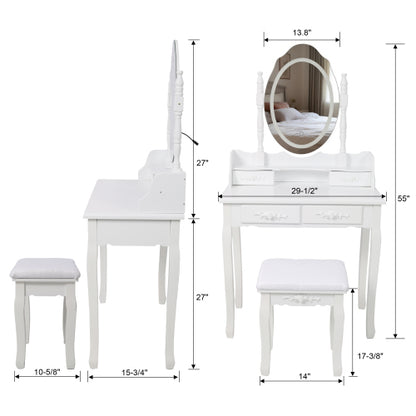 White Princess Vanity Desk Set with Mirror & Cushioned Stool,Light Modes,4-Drawer Wooden Makeup Vanity Table for Girls' Bedroom, Dressing Table with Ample Storage