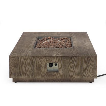 WELLINGTON SQUARE IRON WOOD PATTERN FIRE PIT -50,000 BTU Tank outside