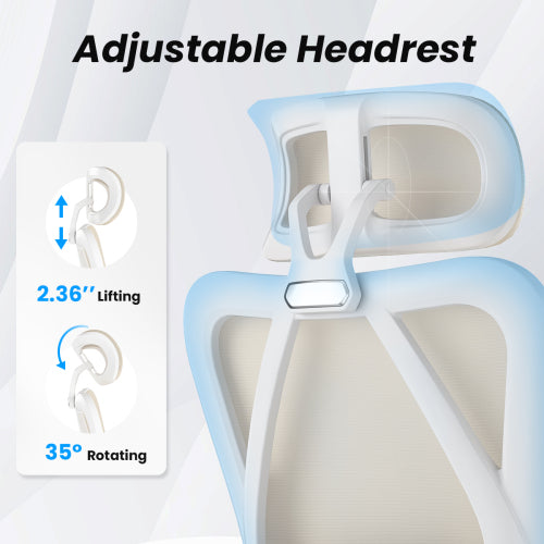 Ergonomic Office Chair with Footrest, Mesh Office Desk Chair with Headrest, High Back Computer Chair with Adjustable Lumbar Support for Home Office Study Room Bedroom, White & Kakhi