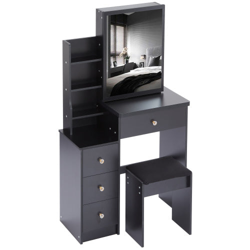 White 29.2 inch  Small Space Left Bedside Cabinet Vanity Table + Cushioned Stool, Extra Large Right Sliding Mirror