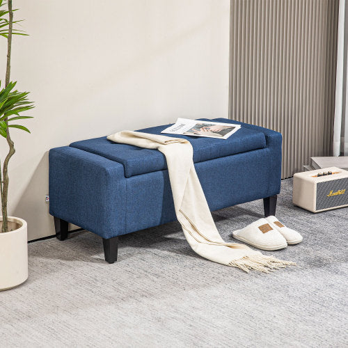 Storage Ottoman, Linen Upholstered Storage Bench with Lift Top and Button Tufted for Living Room, Dark Blue