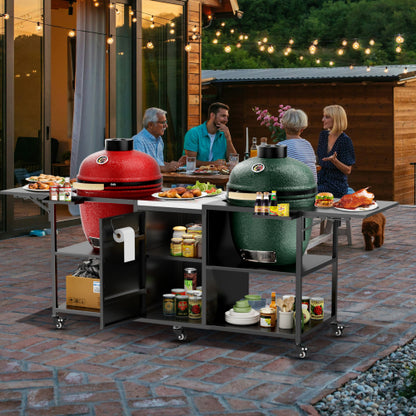 Outdoor Grill Cart for Two Big Green Egg, Metal Grill Table Compatible with Large Big Green Egg,Kamado Joe 18 Inch,and other similar models
