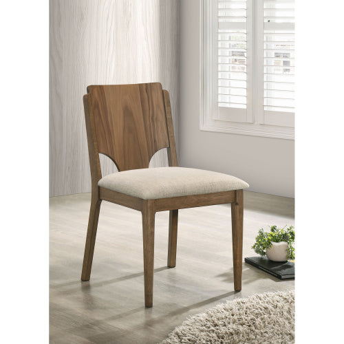 Set of 2 Walnut Finish Dining Side Chairs, Wood Frame Chairs with Wedge Cutout Back & Beige Fabric