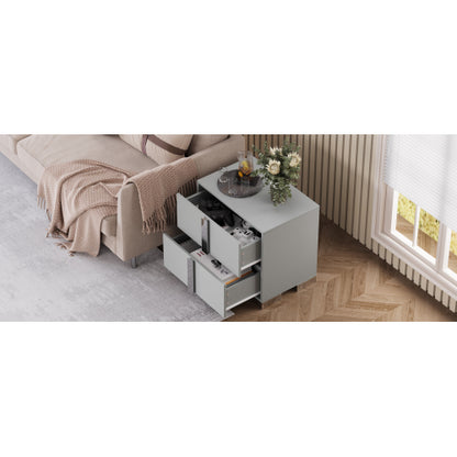 Modern End Table with Drawers, Elegant Nightstand with Metal Foot,Wood Bedside Table with Mirrored Metal Handles,Sofa Side End Table for Bedroom Living Room Office,Grey