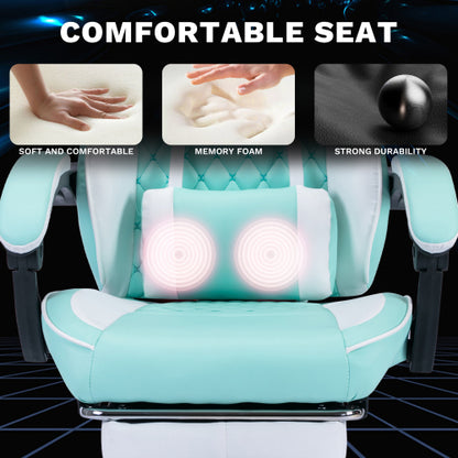 Ergonomic Video Gamer Chairs,Computer Gaming Chairs with Massage Lumbar Support and footrest,Racing Style Computer Chair Adjustable Headrest for Adults,GREEN