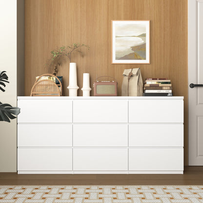 9 Drawer Dresser with No Handle Design, Modern White Matte Wood Dresser for Bedroom, Storage Chest of Drawers for Living Room, Hallway, Entryway