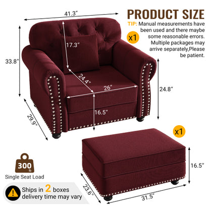41.3 inch  Burgundy Velvet Mid-Century Sofa,Nailhead Trim & 1 Pillow