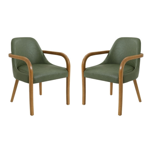 Set of 2 Mid-Century Green PU Dining Arm Chairs, Rubber Wood Legs, 250 lbs Capacity