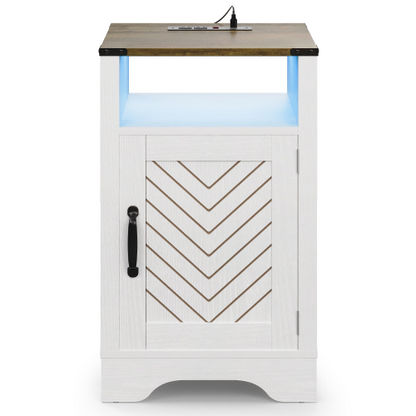 LED Nightstand with Charging Station, Farmhouse Wooden Side Table with Cabinet and Shelf