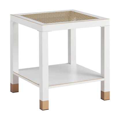 Modern Glass End Table with Metal Frame, 2-Tier Square Side Table for Living Room Bedroom Office, White