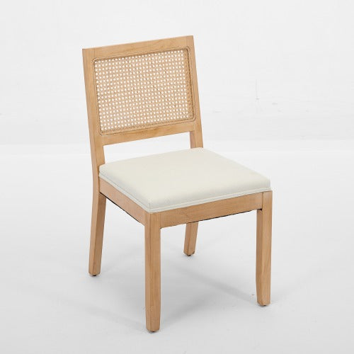 Set of 2 Beige Farmhouse Cane Rattan Mid-Century Dining Chairs, Distressed Solid Hardwood Frame 300 LBS Capacity
