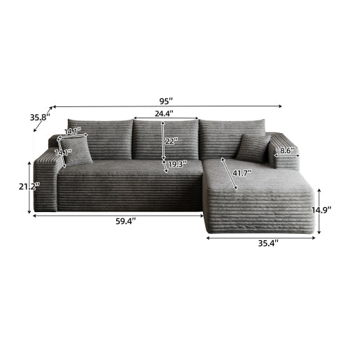 95-Inch Dark-Grey Plush Corduroy U-Shaped Cloud Modular Sectional Deep-Seat Corner Sofa No-Assembly for Living-Room