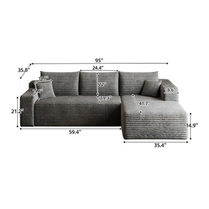 95-Inch Dark-Grey Plush Corduroy U-Shaped Cloud Modular Sectional Deep-Seat Corner Sofa No-Assembly for Living-Room