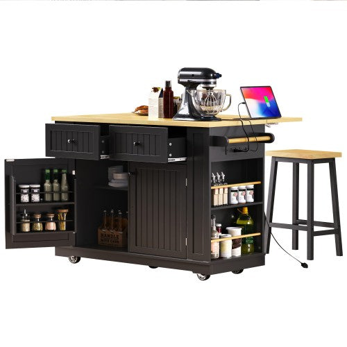 48inch Kitchen Island with 2 Bar Stools, Power Outlet, Internal Storage Rack, Kitchen Storage Cart on 5 Wheels with Drop Leaf, 5 Open Side Racks, Drawers, Black (Old SKU N707S000015B)(Three Packages)