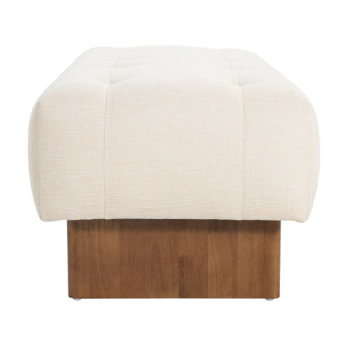 Beige Tufted Rectangular Linen Ottoman Bench, Upholstered Fabric Foot Stool with Rubber Wood Legs for Entryway & Bedroom