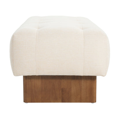 Beige Tufted Rectangular Linen Ottoman Bench, Upholstered Fabric Foot Stool with Rubber Wood Legs for Entryway & Bedroom