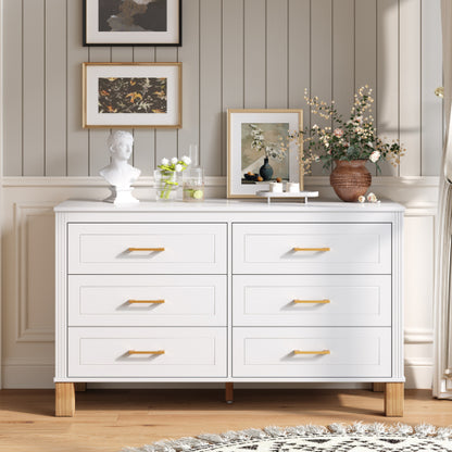 White 6 Drawer Double Dresser Modern Storage Cabinet with Metal Handles Solid Wood Legs