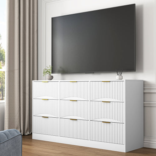 White 9 Drawer Dresser, 63" Large Deep Chest of Drawers, Wooden Dresser Storage Cabinet with 9 Drawers for Bedroom, Long Dressers for Living Room, Hallway, Drawer panel with wavy patterns