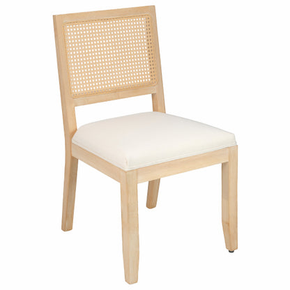 2-Piece Farmhouse Rattan Dining Chairs, Mid-Century Cane Low Back Chairs, Natural Solid Wood Frame & Breathable Linen Upholstery, Beige