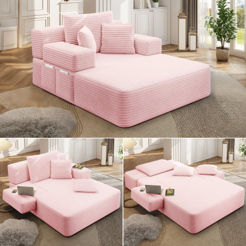 Oversized Baby Pink Corduroy Convertible Sofa Bed w/Storage Pockets