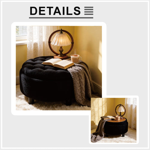 25 Inch Round Storage Ottoman, Black Tufted Fabric