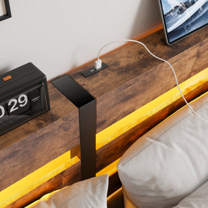 Queen Size  Metal Bed Frame with Wooden Headboard, RGB Lights,Charger, Storage Shelf, Noise-Free, No Box Spring Needed,Rustic Brown